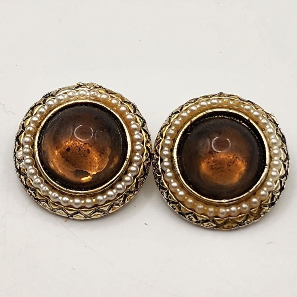 Vintage Silver Tone Brown Jasper Color Stone Clip on Earrings Unsigned